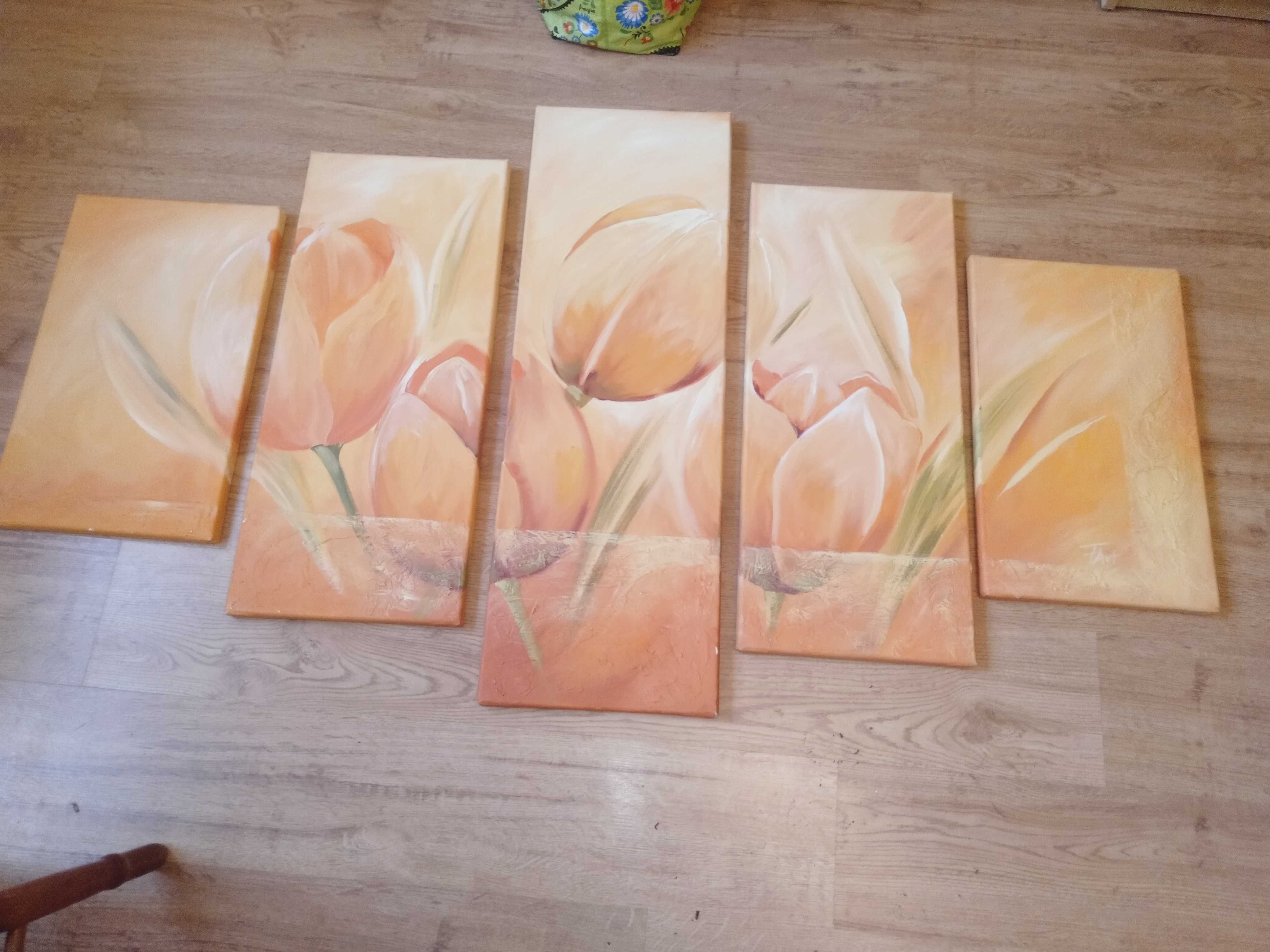 Wielo obraz malowany na płótnie Tulipany 5 szt. 90 x 70 x 50 x 30 cm