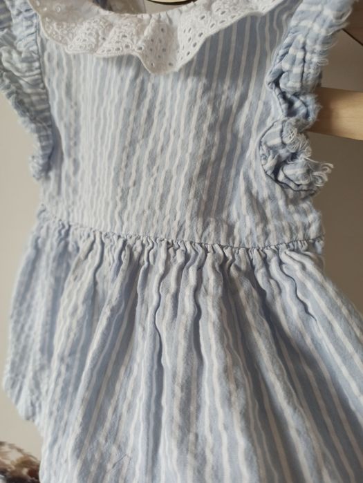 Sukienka Next błękitna niebieska w paski koronka kołnierzyk lato