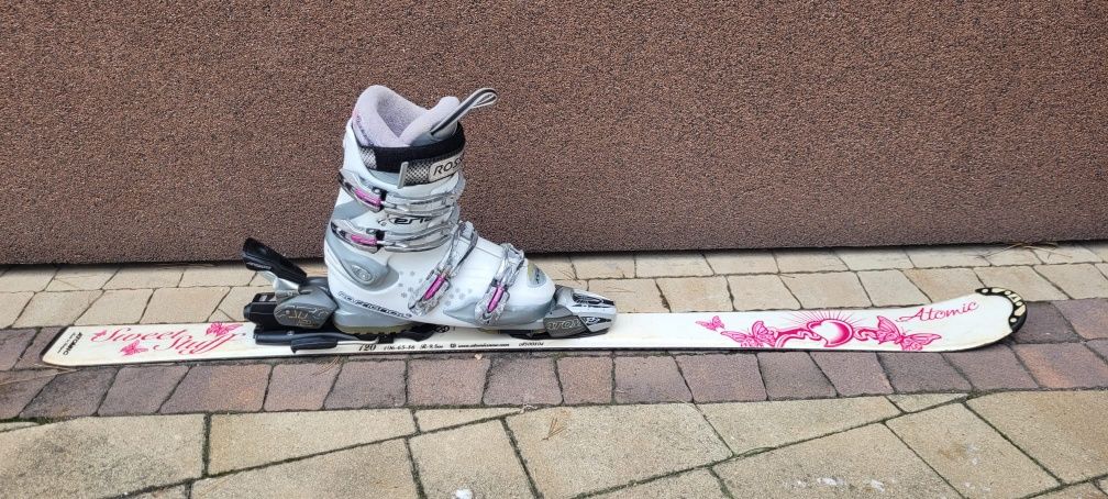 Narty Atomic 120 buty Rossignol 220-235 dziewczynka białe różowe kijki