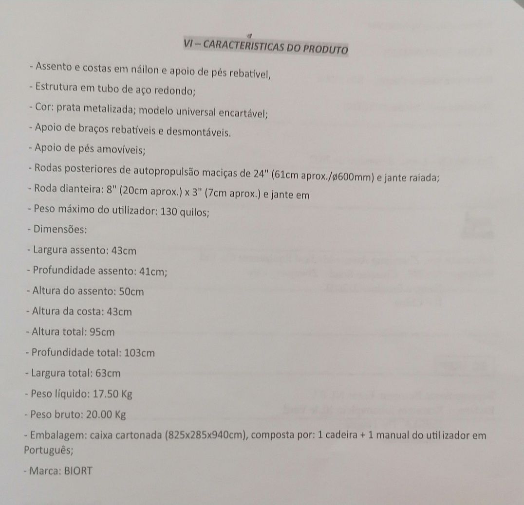 Cadeira de Rodas BIORT comprada em 09/02/2024 por 155€, vendo por 130€