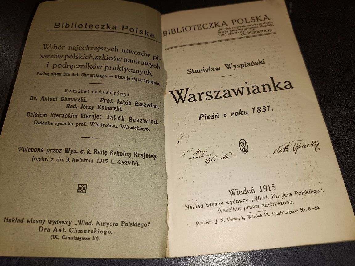 Stara ksiazka Stanisław Wyspiański Warszawianka Wiedeń 1915