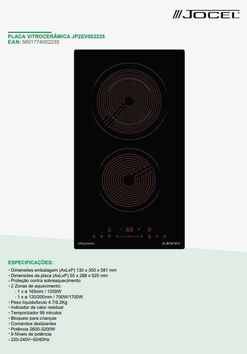 Placa Vitrocerâmica Encastre 2 Zonas Jocel