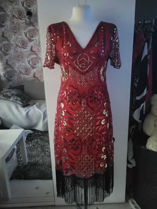 Czerwona cekinowa sukienka, lata 20, r.46, Andrzejki, Sylwester