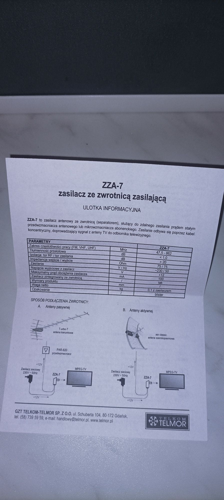 Zasilacz antenowy 12v DVB-T2 separator napięcia TELKOM TELMOR ZZA-7