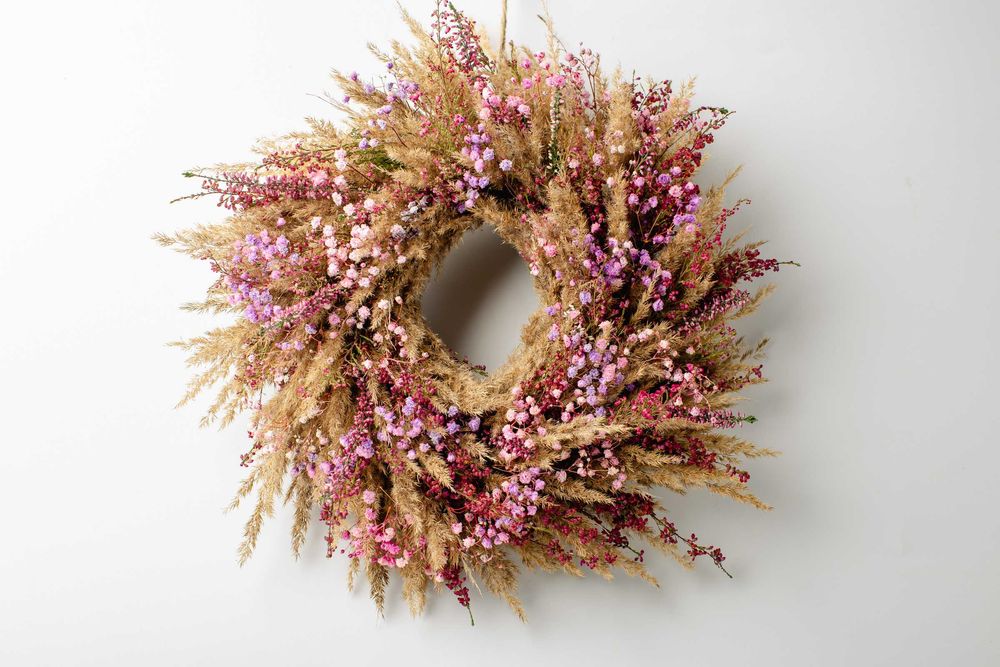 Wrzos, gipsówka - jesienny wianek - dekoracja