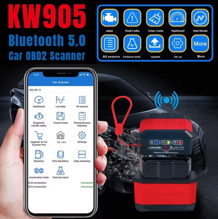 Диагностический OBD2 сканер Konnwei KW905 KW901 Bluetooth 5.0