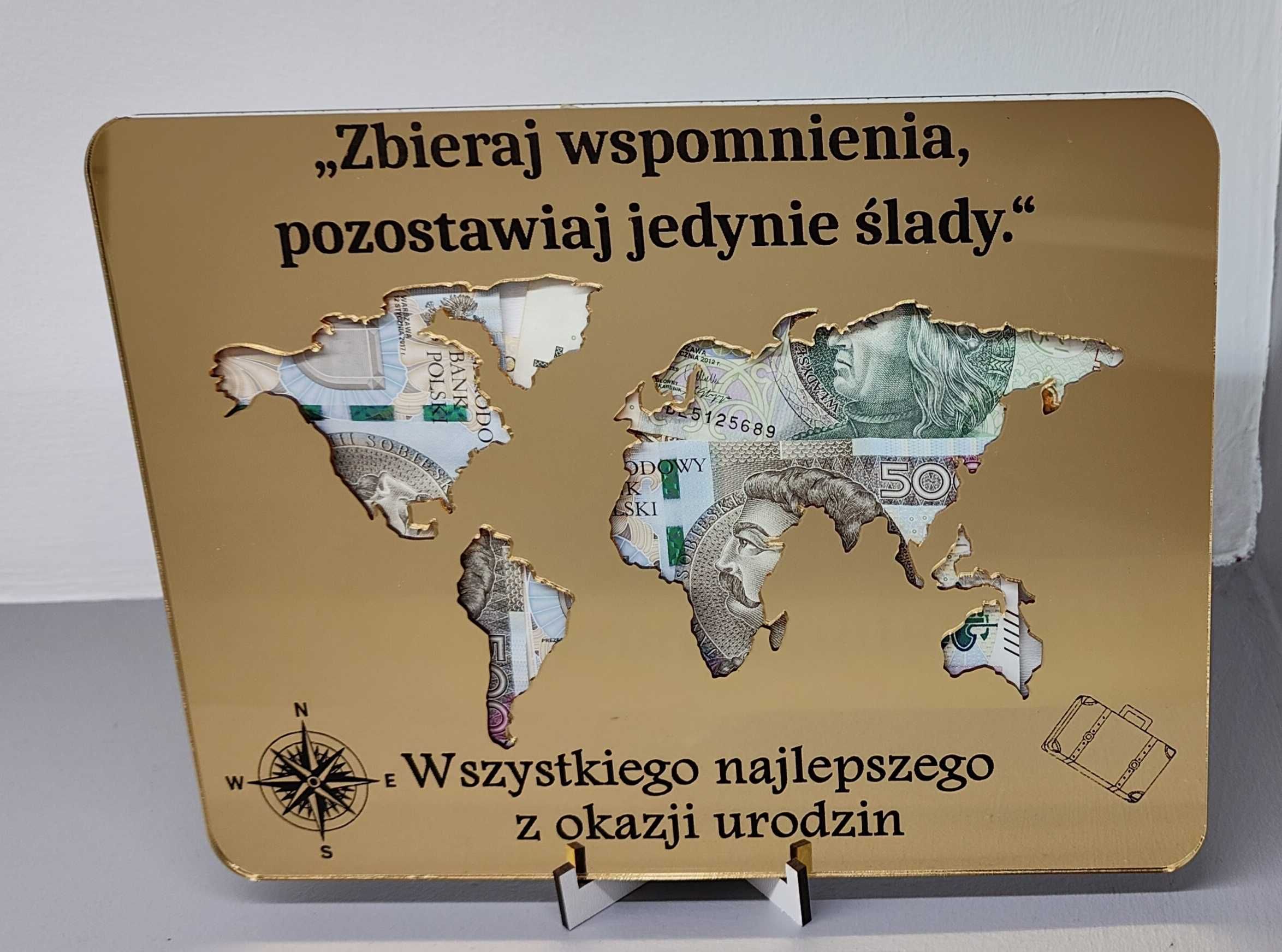 Ramka / karta podarunkowa z mapą świata na urodziny / imieniny lustro