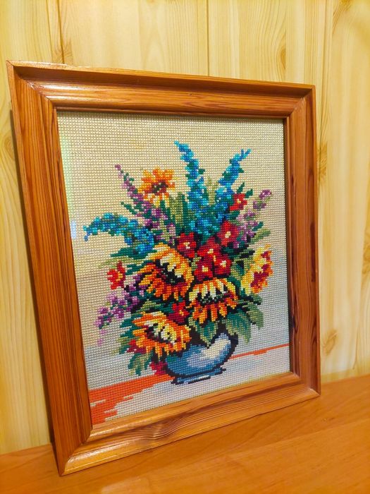 Obraz ręcznie haftowana kwiaty w wazonie handmade