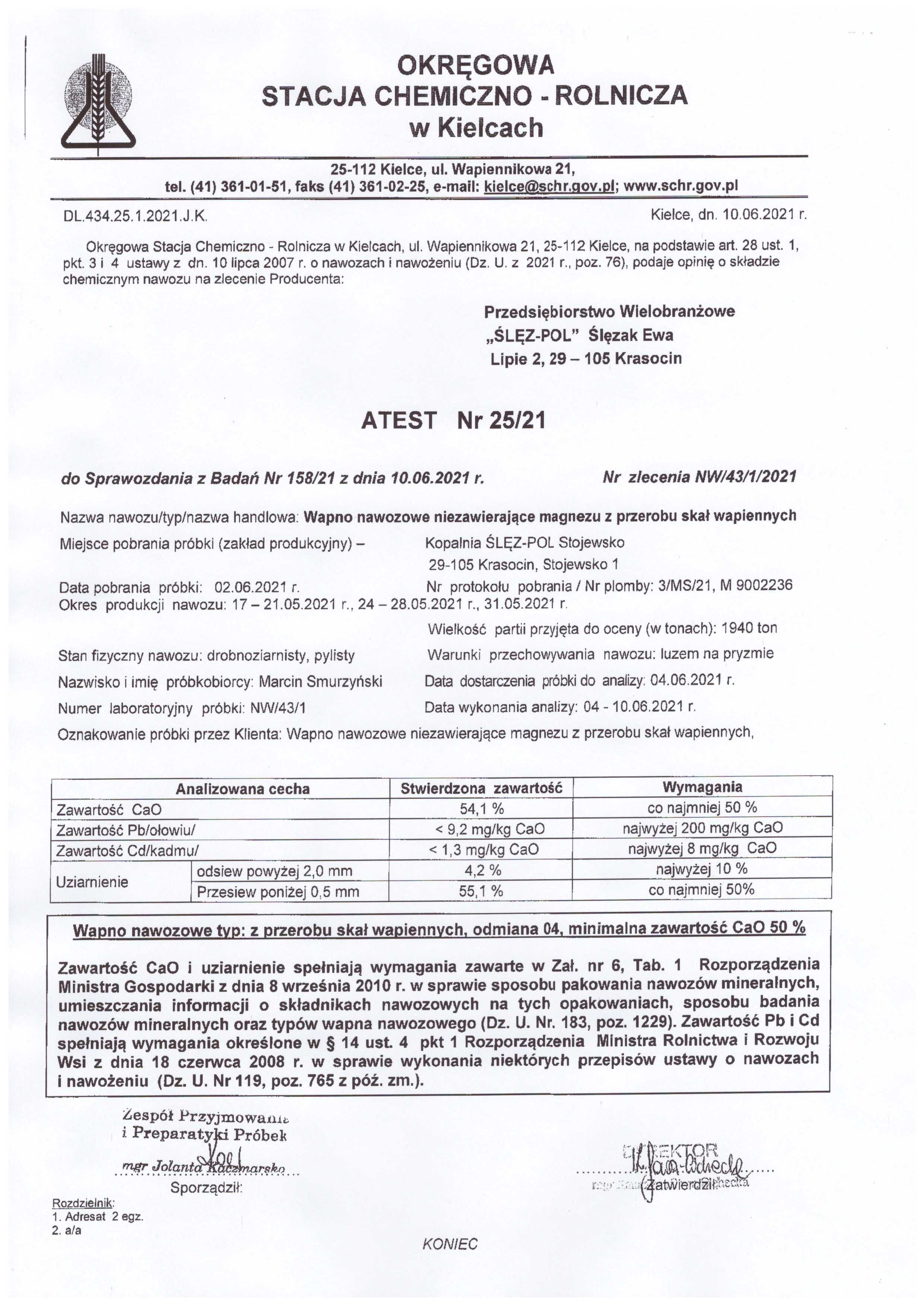 Działoszyn - Wapno nawozowe CaO 53,9 % - Producent