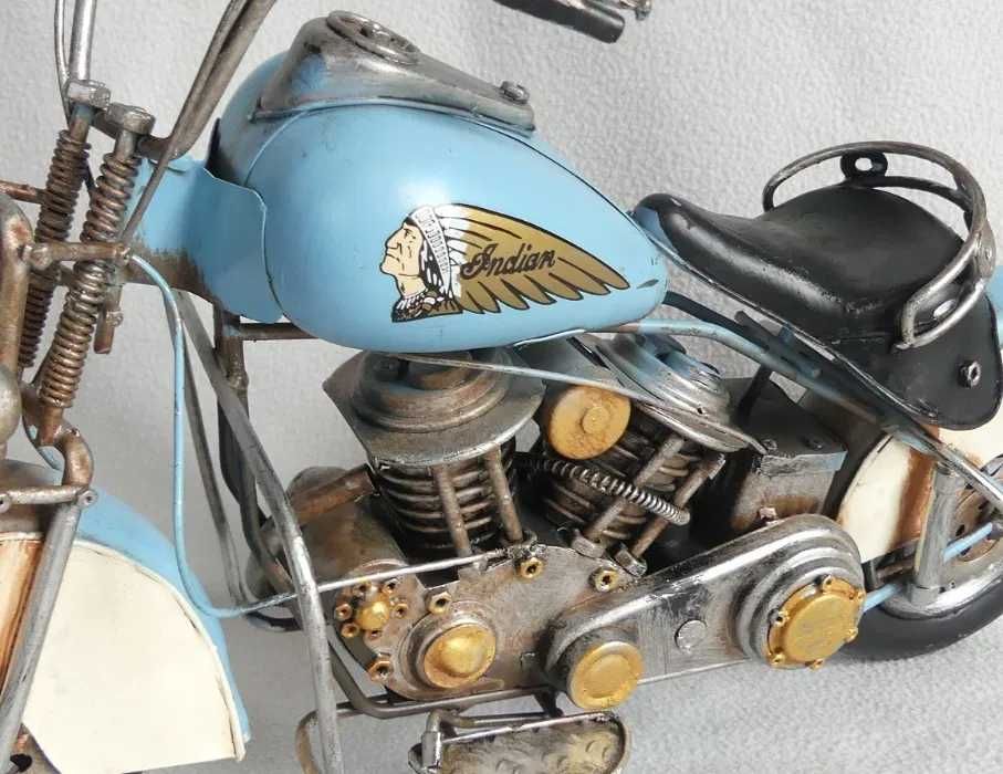 Duży Metalowy MOTOR retro INDIAN niebieski pojazd 40,5 cm