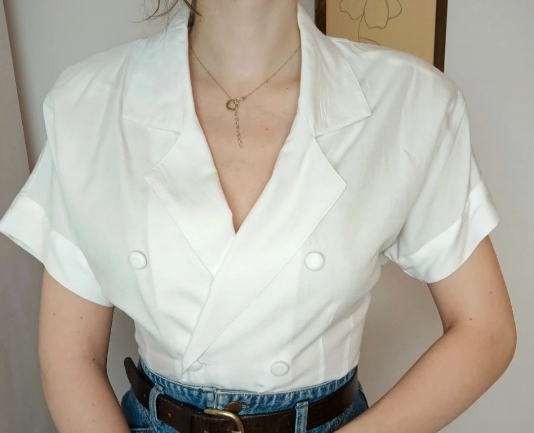 Śliczna biała bluzka koszulowa z krótkim rękawem do biura pracy 38 40