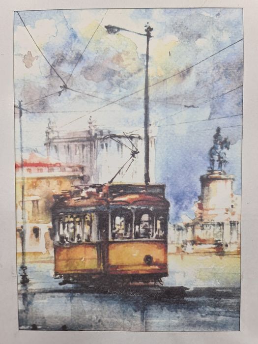 Impressão de aguarela do eléctrico N°28 de Lisboa