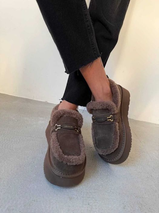 Коричневі лофери угги натур. замша, зимние лоферы коричневые 36-40р