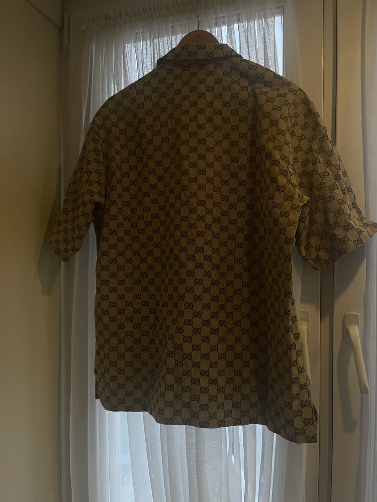 Рубашка с коротким рукавом gucci gg linen blend canvas shirt