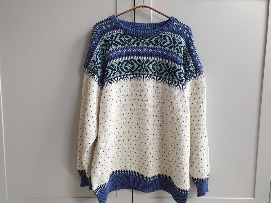 Biały sweter handmade norweski wzór 40 42 oversize