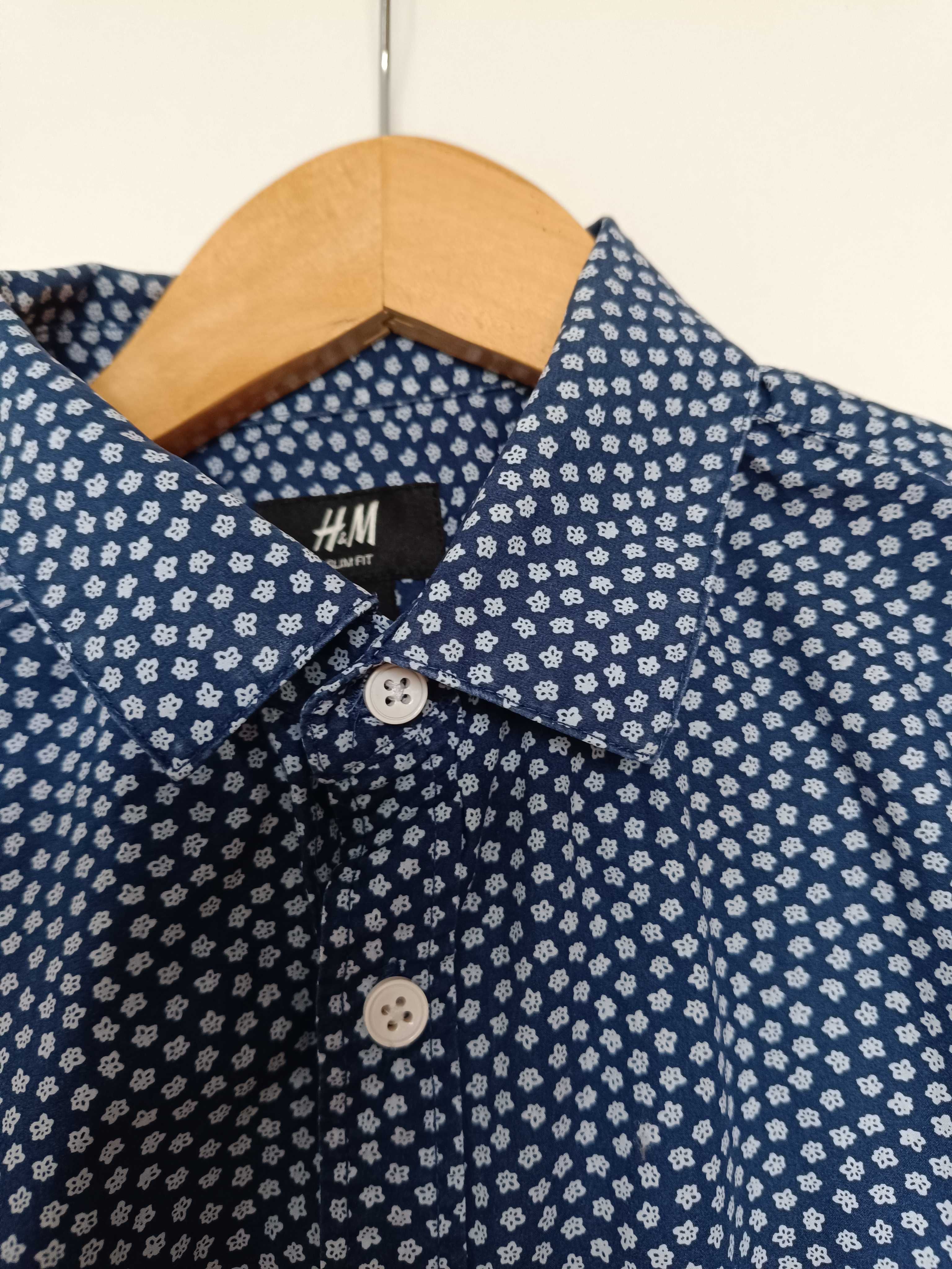 Granatowa koszula męska w białe kwiatuszki H&M slim fit M