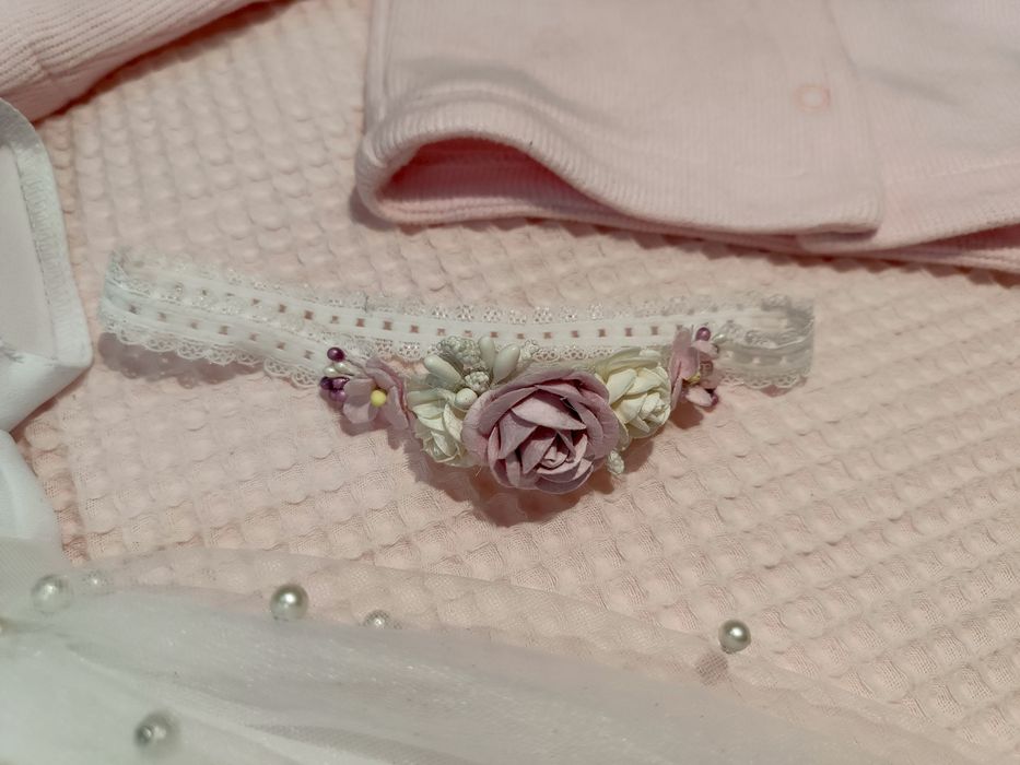 Sukienka ubranie Chrzest Święty r. 62-68 opaska buty komplet