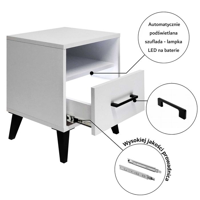 Szafka nocna z podświetlaną szufladą w różnych kolorach