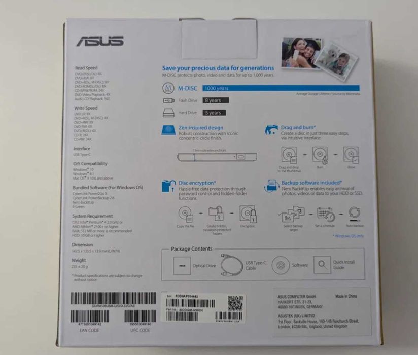 Nagrywarka Zewnętrzna ASUS ZenDrive U8M Złoty kabel USB-C Nowa Gwaranc