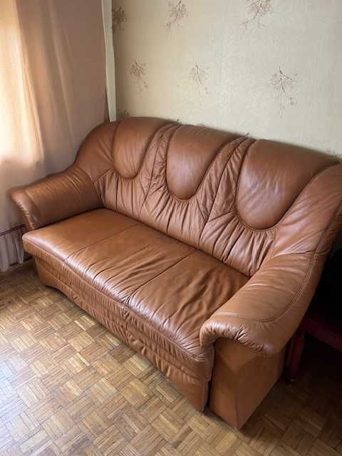 Sofa skórzana rozkładana z 2 fotelami