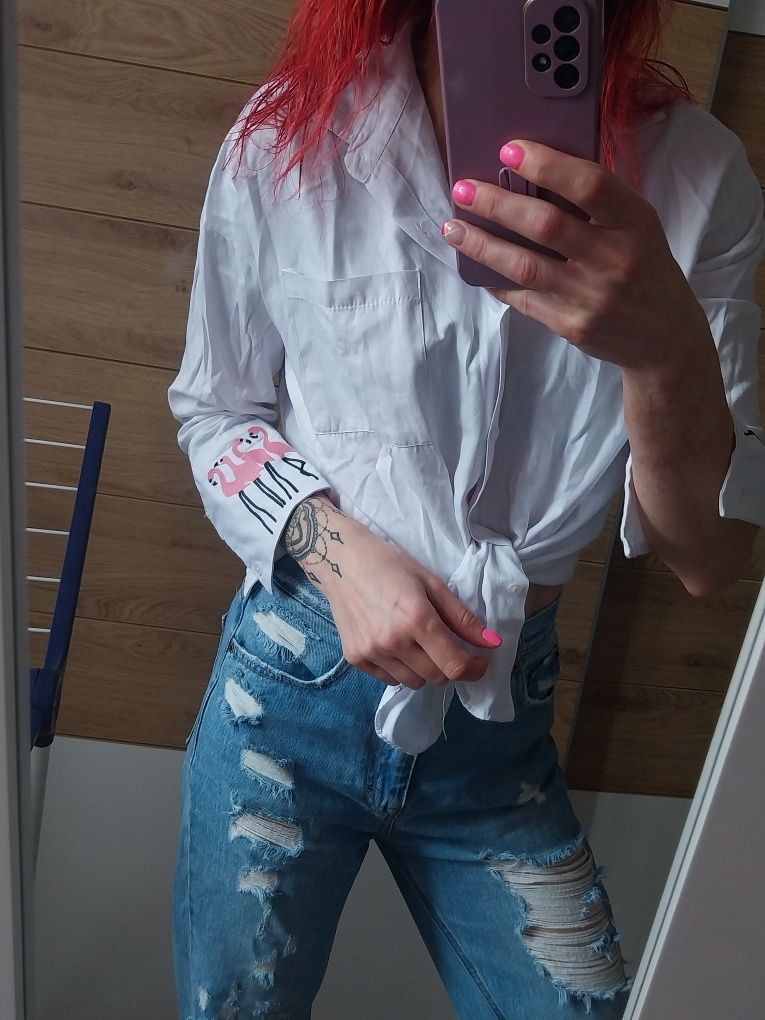 Koszula biała nadruk flamingi haft