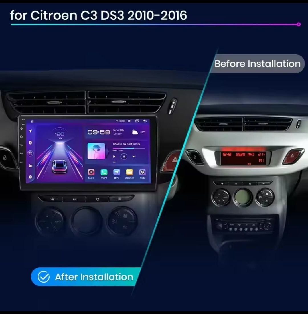 Rádio Android 13 Citroën C3/DS3 CarPlay/Auto S/ Fios GPS 2/32GB NOVO!