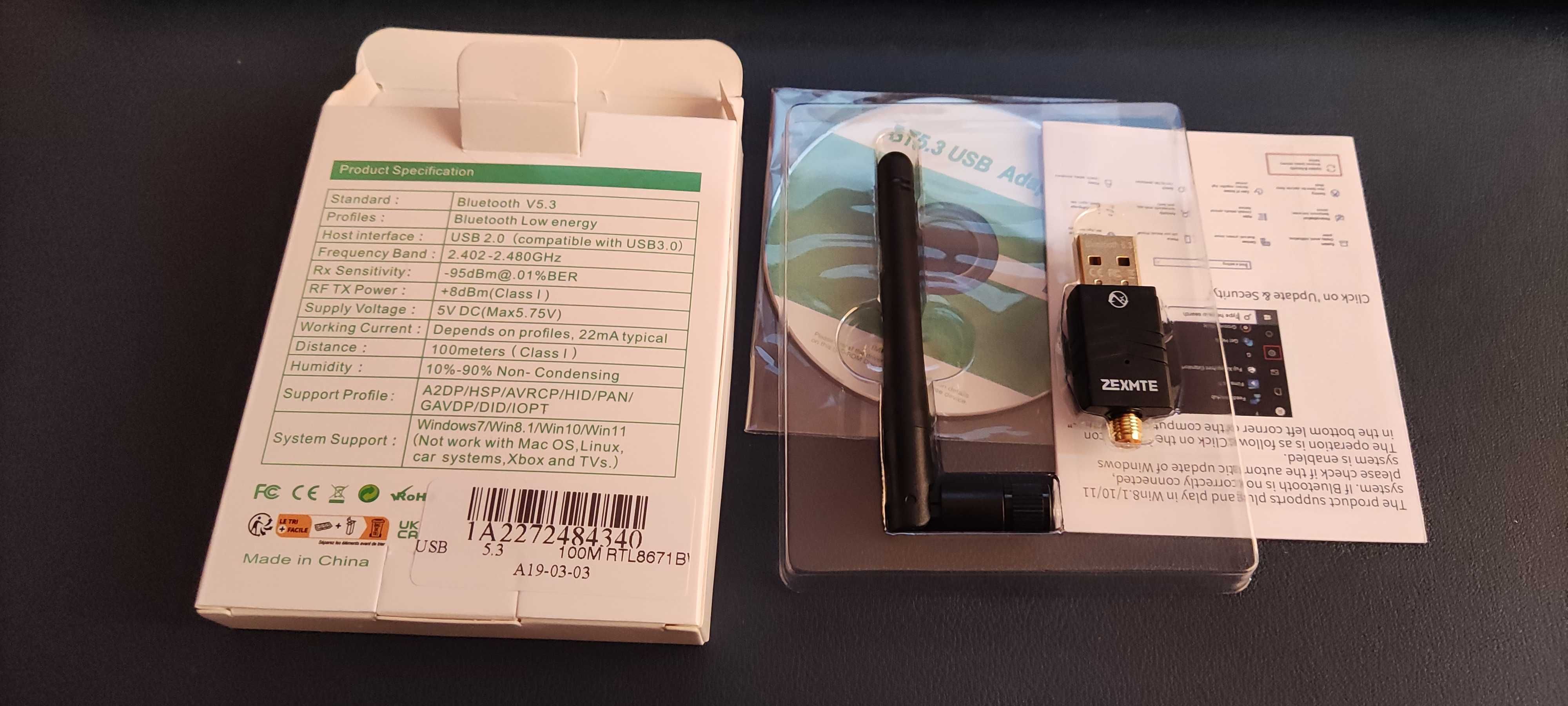 Adapter BT USB Zexmte Zasięg 100M Bluetooth 5.3 Antena Win10/11 itp.