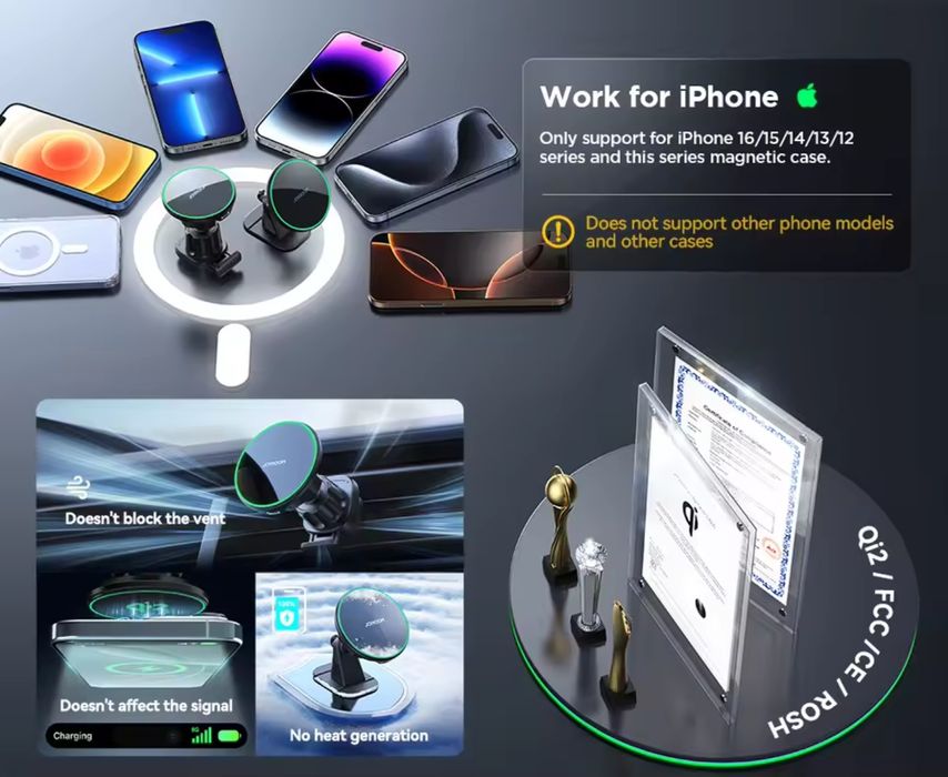 Bezprzewodowa Magnetyczna Ładowarka Samochodowa z Qi2 15W iPhone