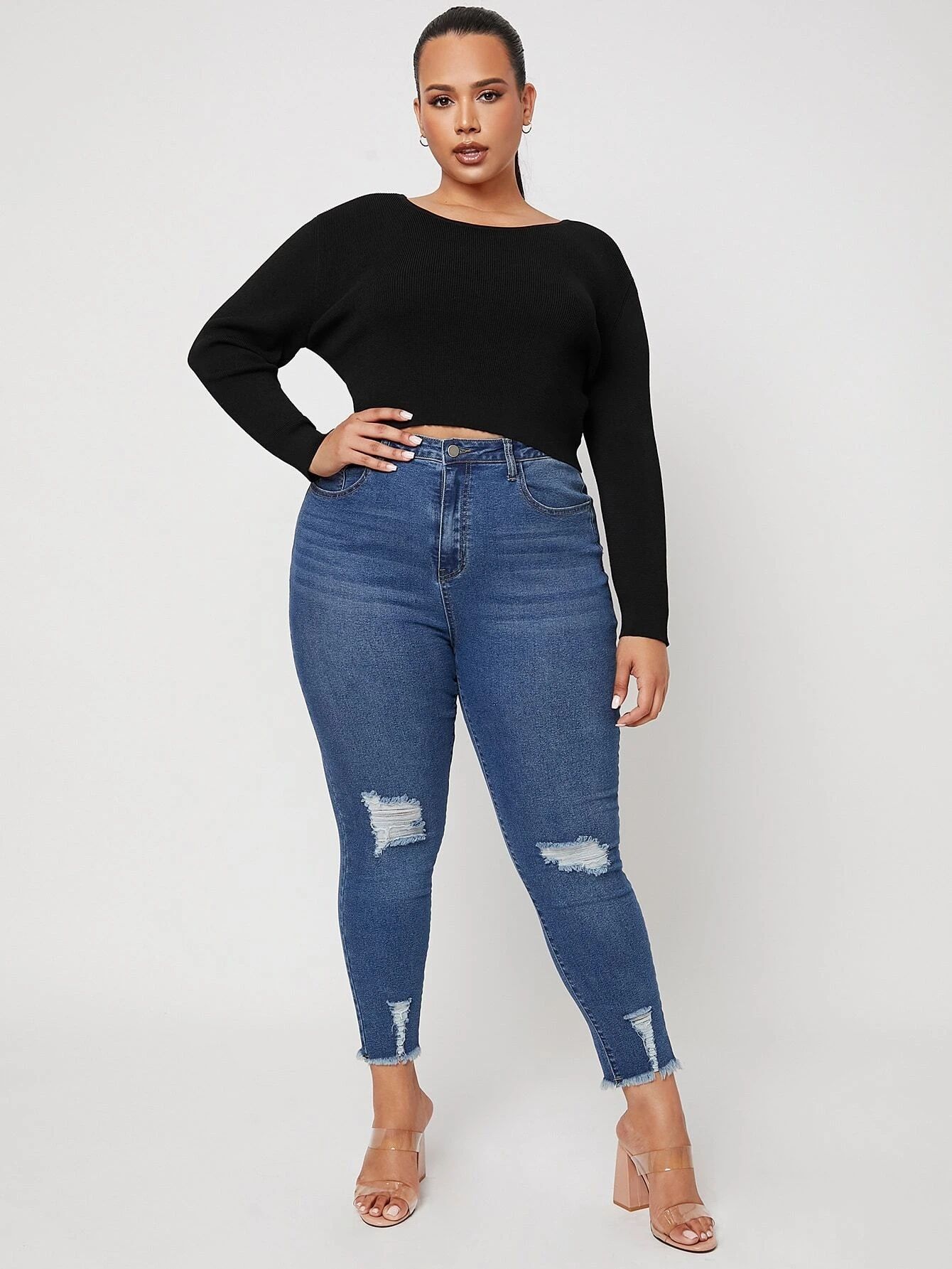 Shein Jeansy Skinny Rurki Cropped Z Dziurami 44