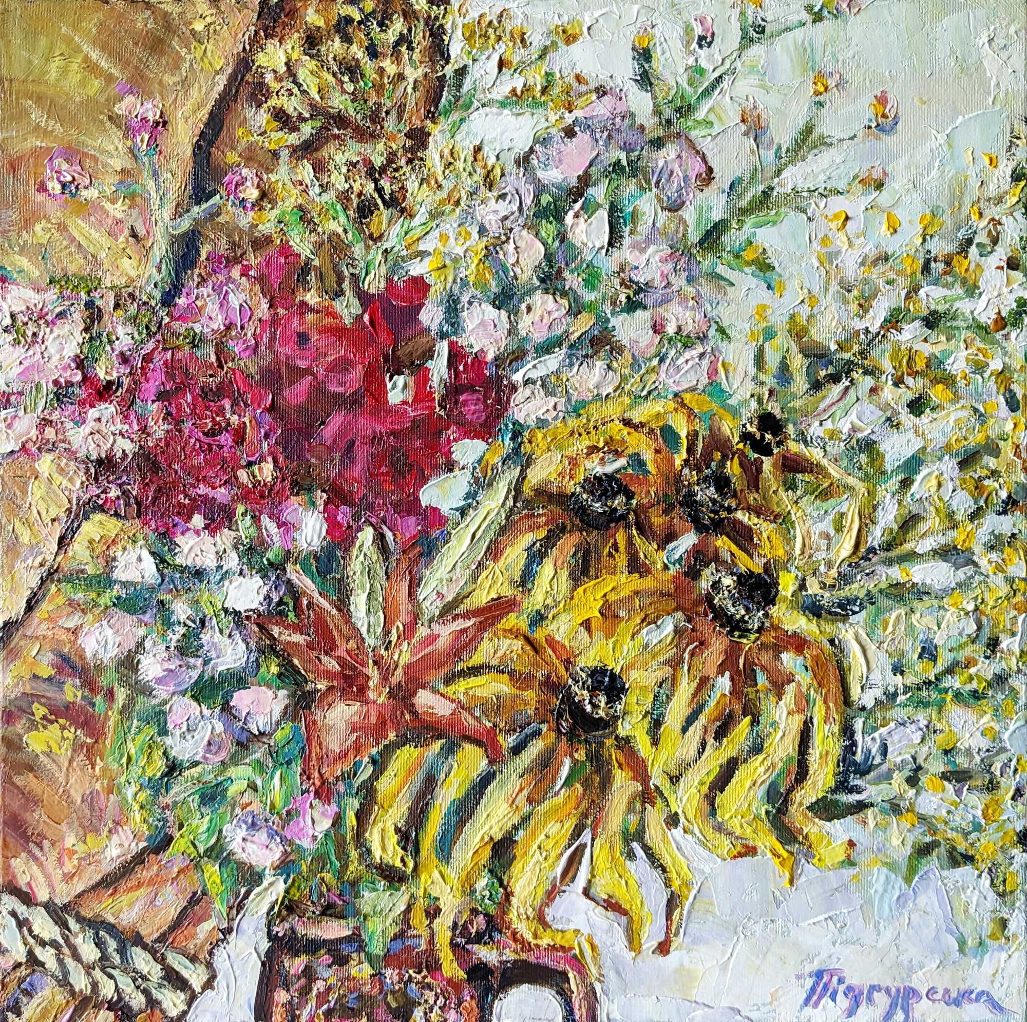 Серпень, олія, полотно 40*40 квітковий натюрморт, картина