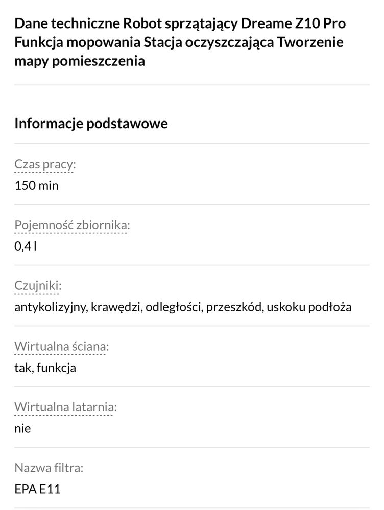 Robot sprzątający Dreame Z10 Pro Funkcja mopowania ze stacją