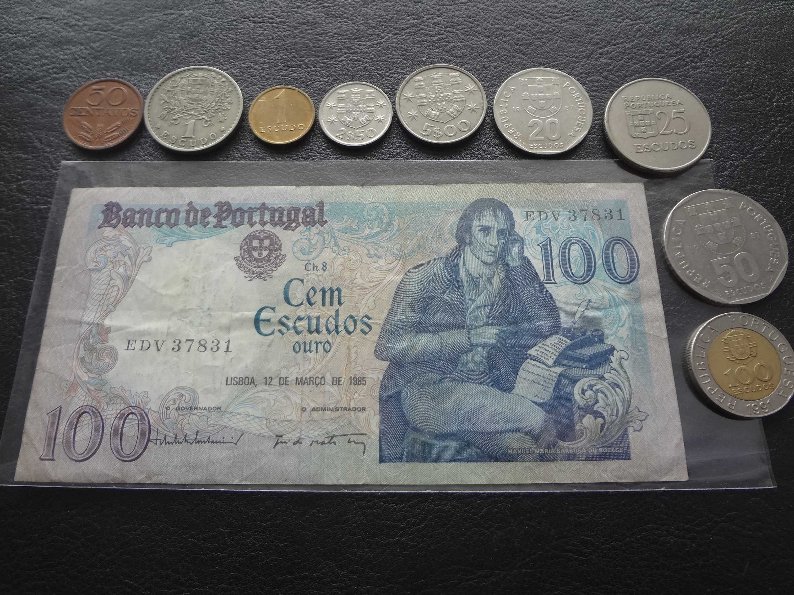 Portugalia zestaw monet plus banknot 100 escudos.