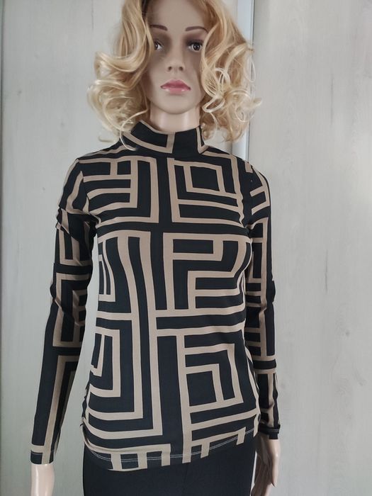 Bluzka damska , wzór labirynt, czarny z karmelowym , roz xs , nowa ,