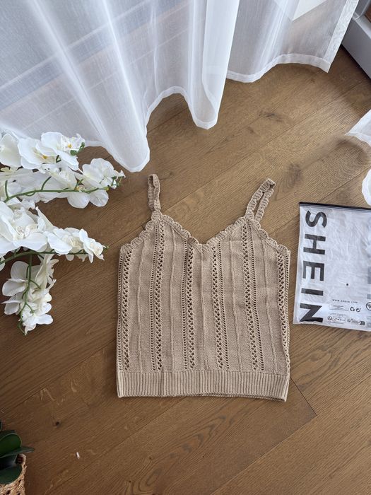 Bluzka Shein ażurowa XS S M na ramiączkach szydełko brązowa nude