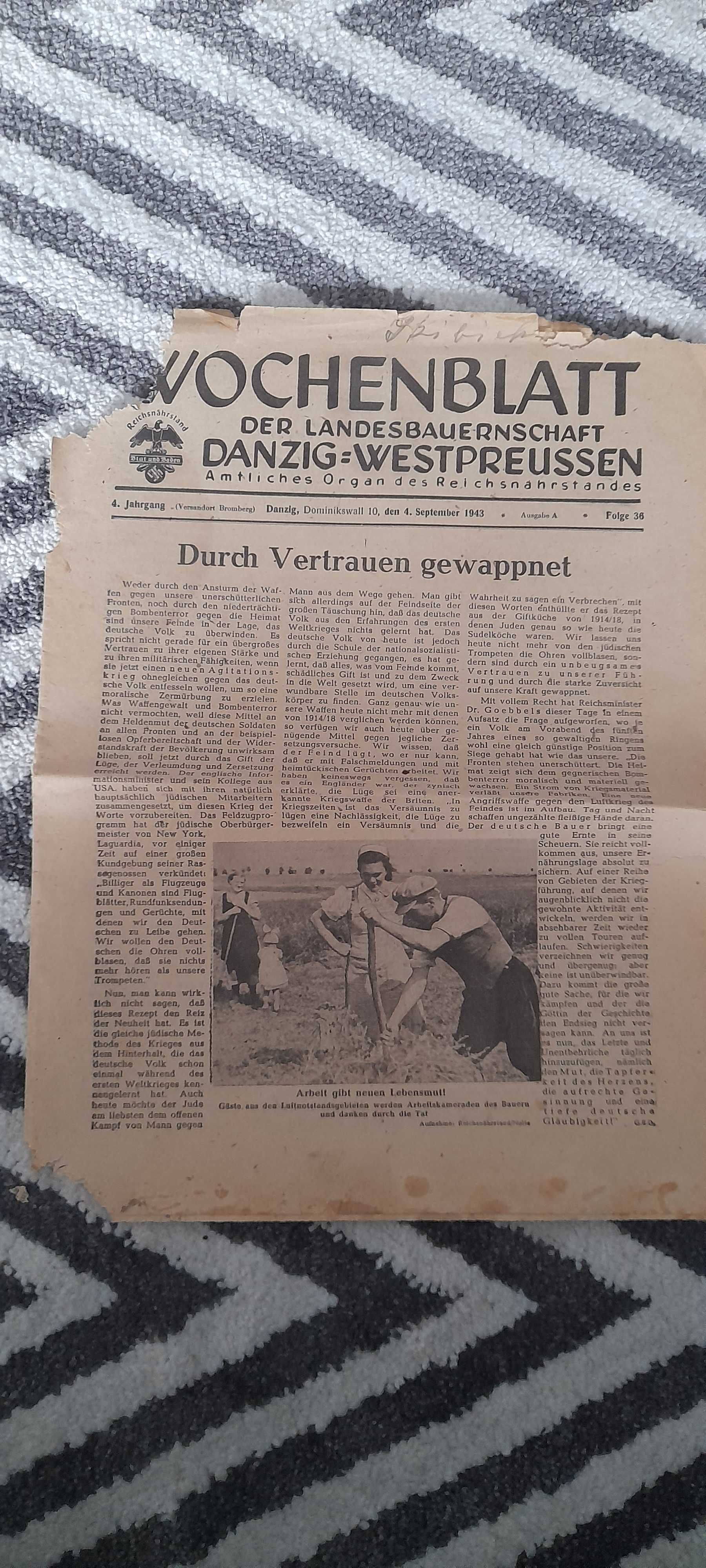 Niemcy faszystowska gazeta II WS, III rzesza 1943r Wochenblantt Danzig