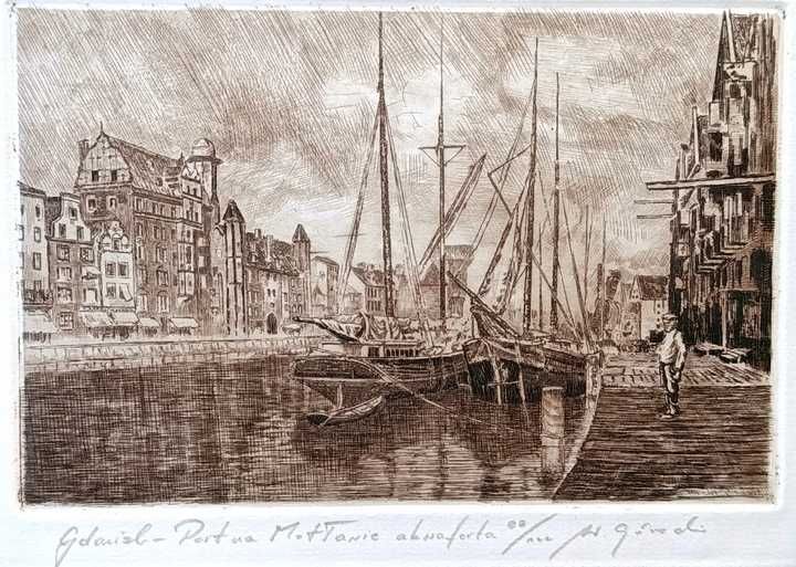 Grafika-akwaforta Gdańsk "Port na Motławie " Wojciech Górecki