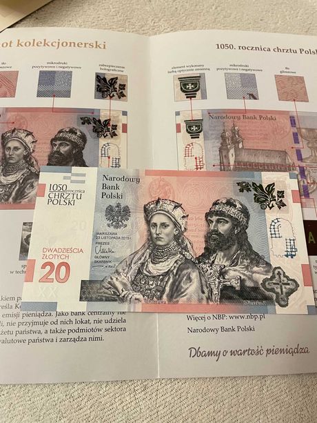 Banknot 20 zł - 1050. rocznica chrztu Polski + folder