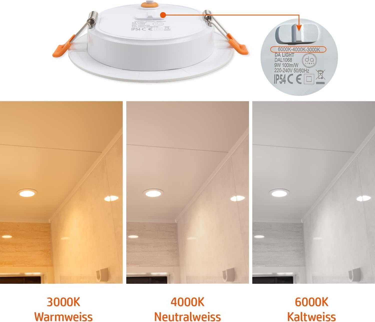 Reflektor LED do zabudowy,230 V,płaski,9W,6 sztuk do zabudowy, biały