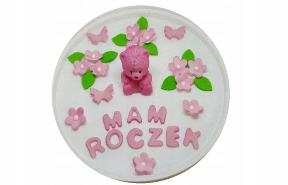 Nowe ozdoby na tort Miś dziewczynka różowe kwiatki dekoracje cukrowe