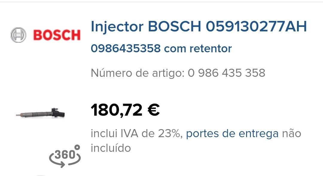 Vendo 4 injectores Audi para modelos indicados na foto.