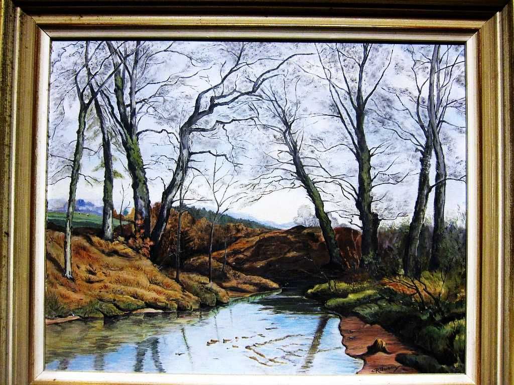 antiga pintura em guache-paisagem fluvial-assinada R. Ducon