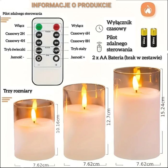 Zestaw 3 świec LED w tubach + pilot
