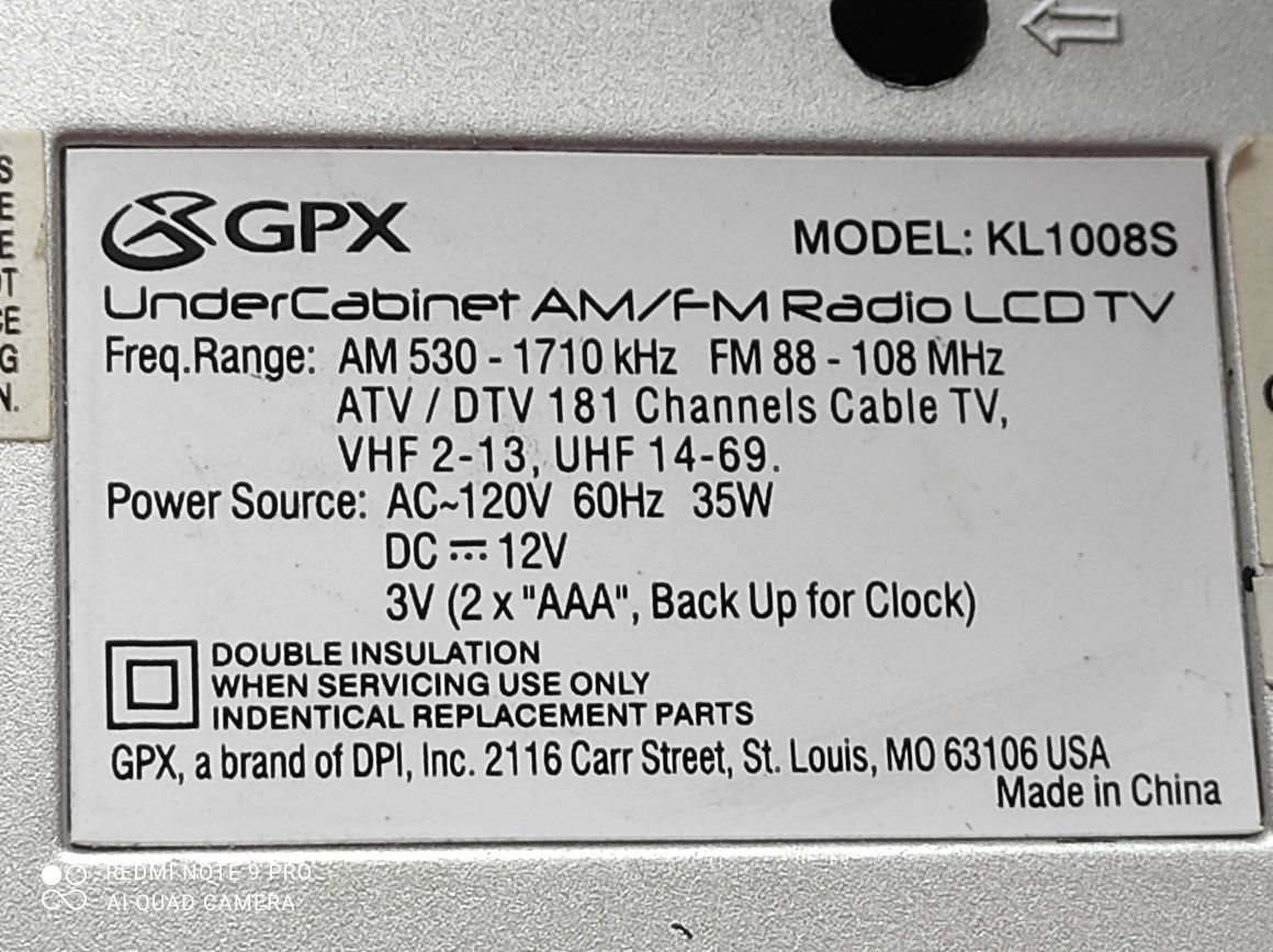 Sprzedam  podszafkowy  zestaw radio-ttelewizor-zegar GPX KL1008 S