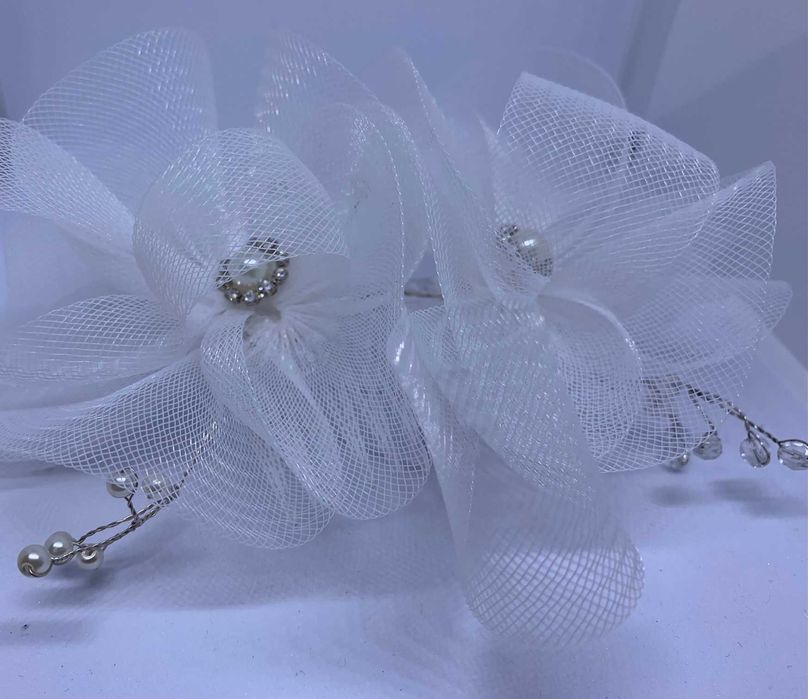 nowy efektowny fascynator ślubny kwiaty perły bardzo duży dodatek glam