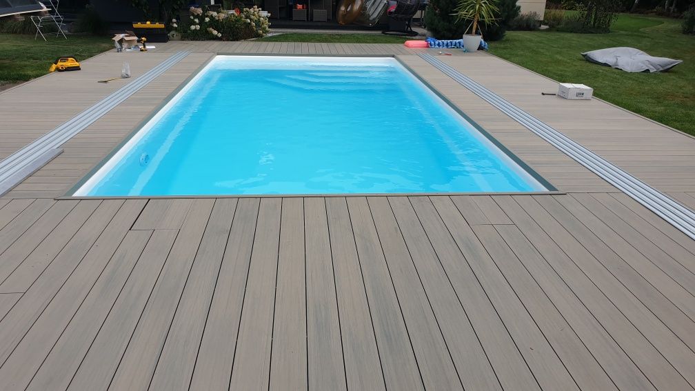 Basen ogrodowy 6,5 x 3,7 x 1,55 poliestrowy laminat wkopywany komplet