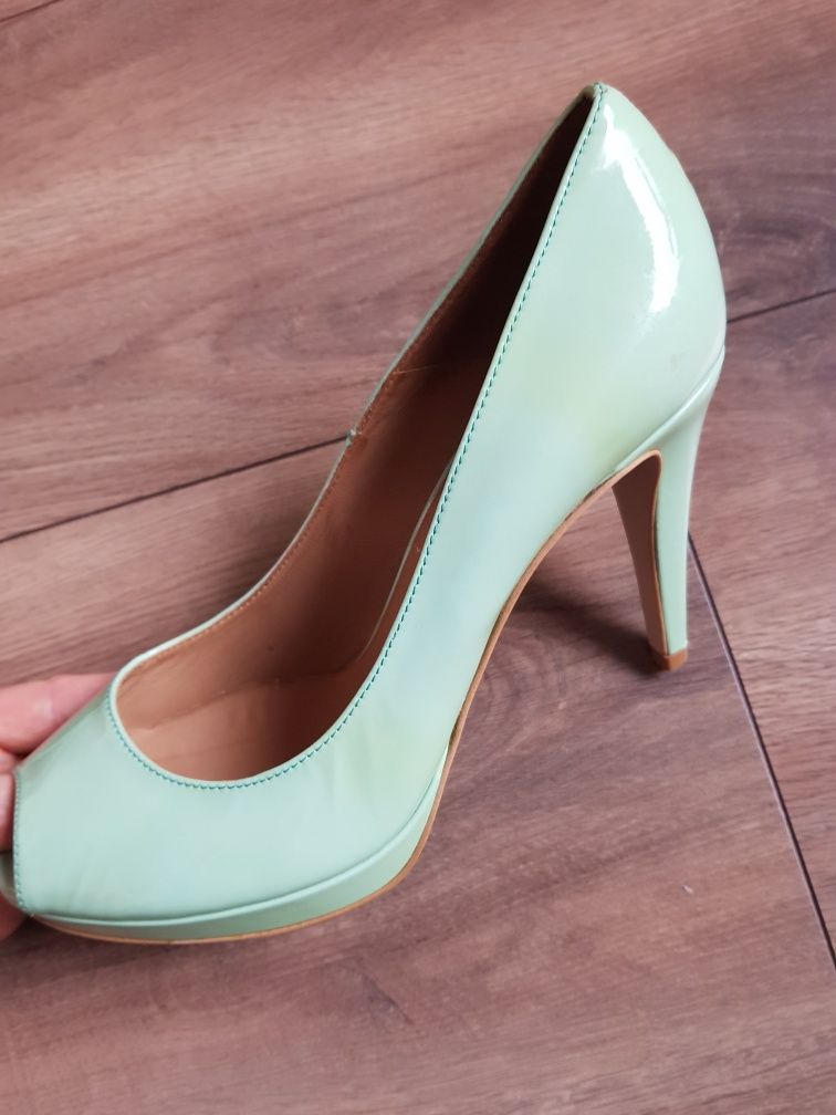 Buty czółenka peep toe szpilki GINO ROSSI NOWE r.38 miętowe skórzane