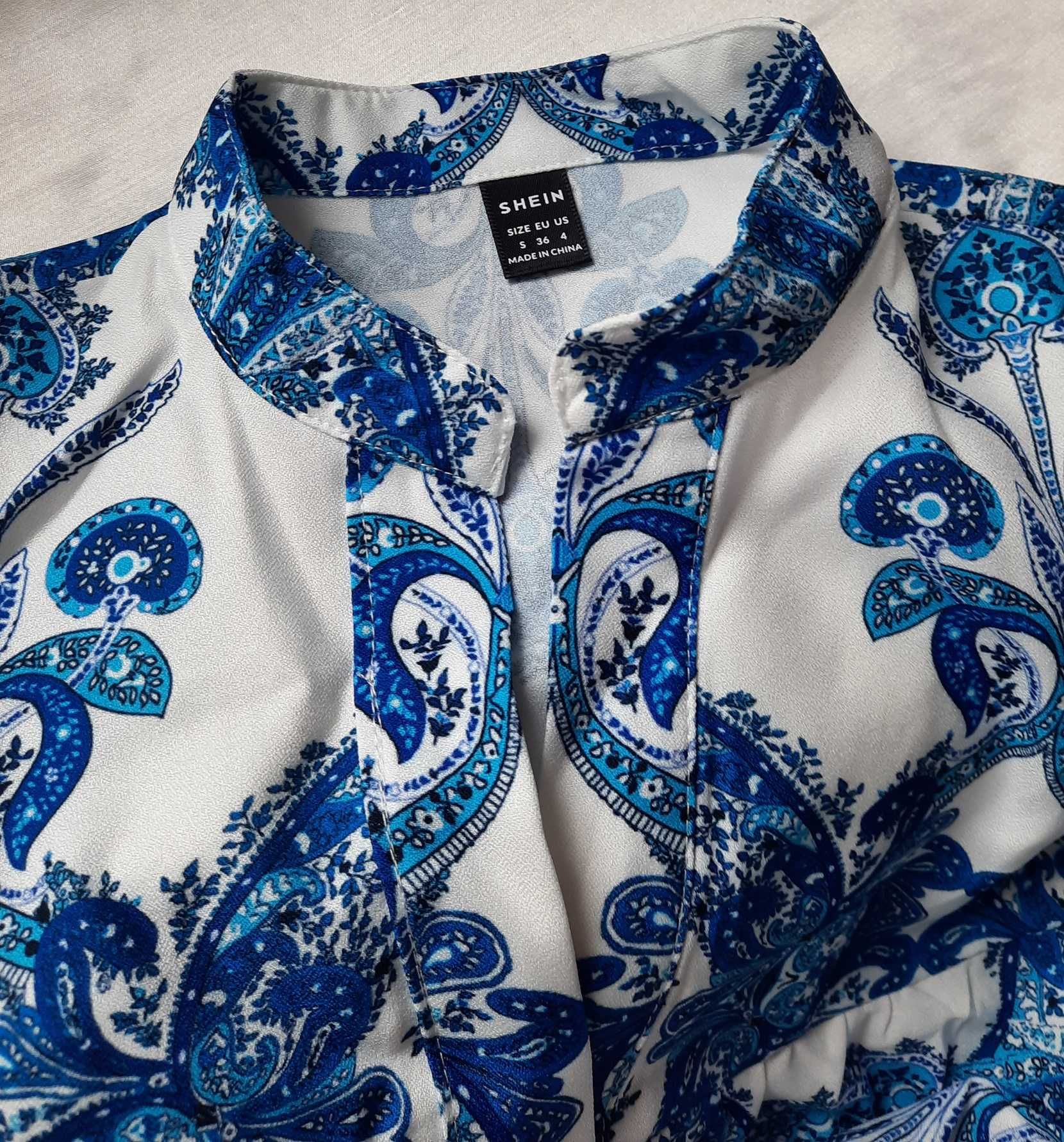 Shein nowa urocza boho wzór grecki midi sukienka biała niebieska S