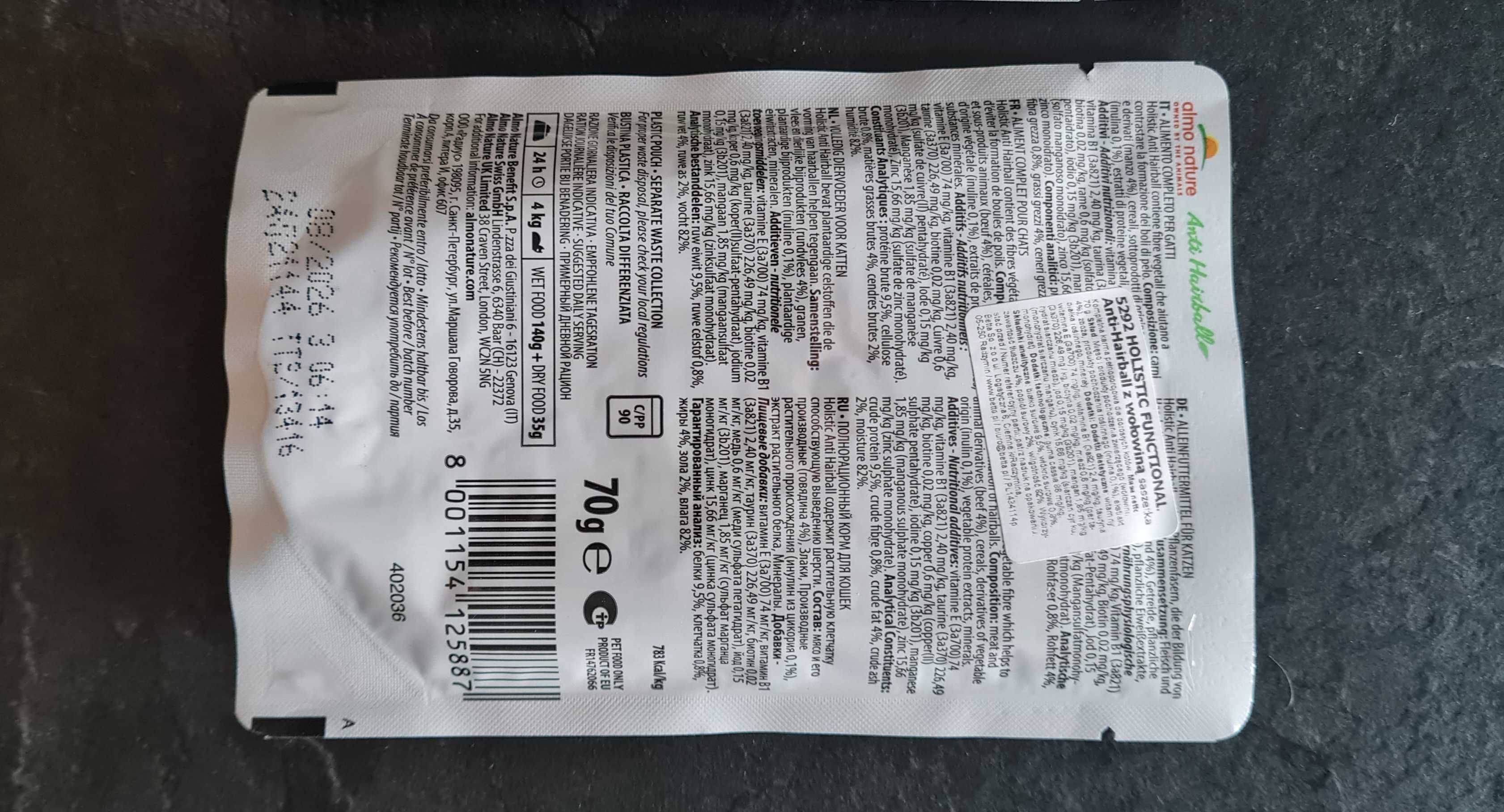 karma dla kota almo nature antihairball, na kule włosowe 5 saszetek