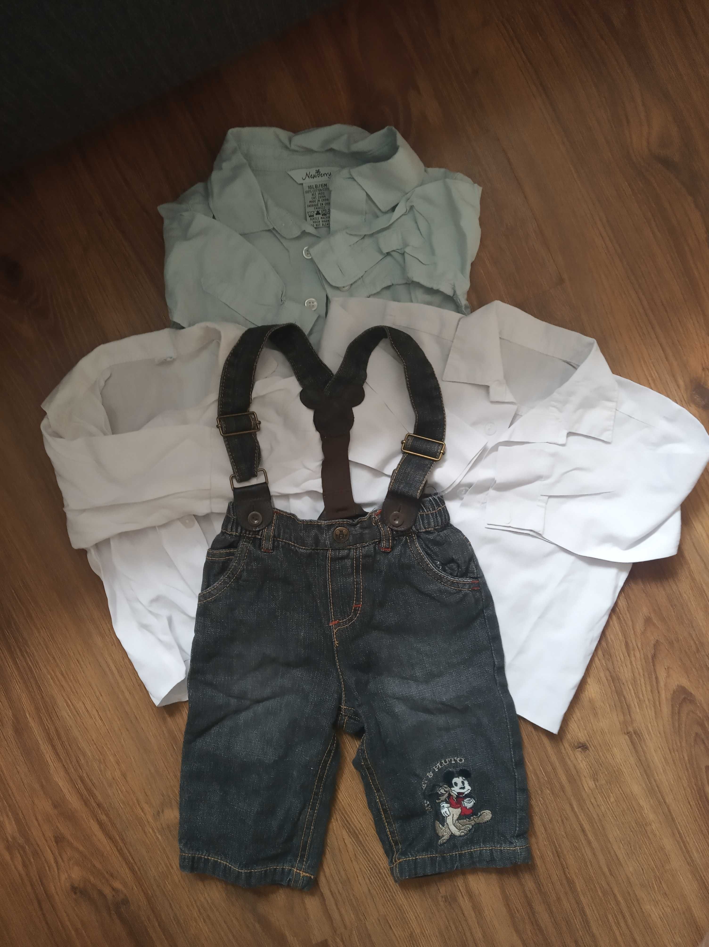 Trzy koszule i spodnie jeansowe na szelkach rozmiar 62-68