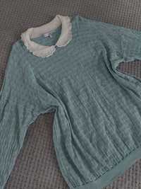 Turkusowy błękitny bluzka sweter ażurowy z kołnierzem vintage next